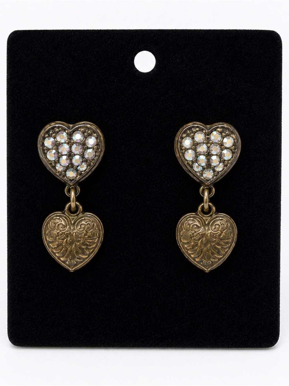 Vintage Gold bronze toned Heart Drop Earrings with Crystal Accents
